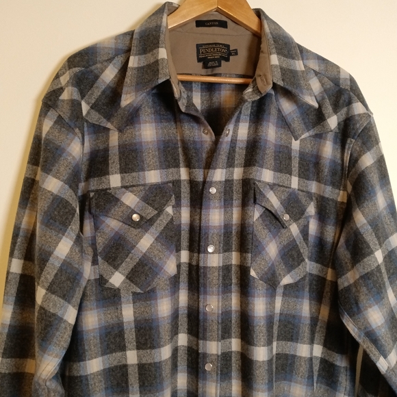 Pendleton Tall XL Canyon Shirt Mens Medium Gray Plaid Pearl Snap - Picture 2 of 10